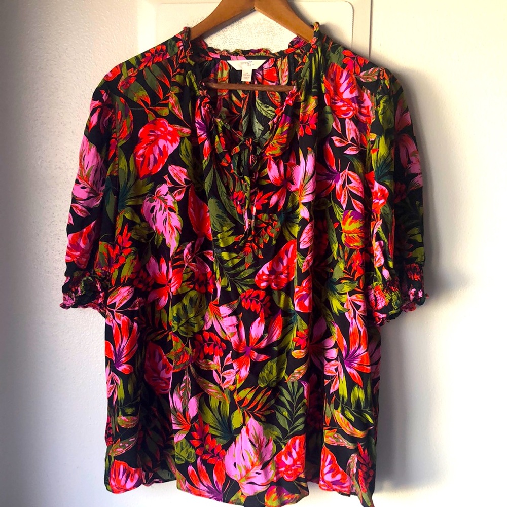 Terra & Sky Sz 1X Floral Women's Top - bright boho tunic short sleeve loose new